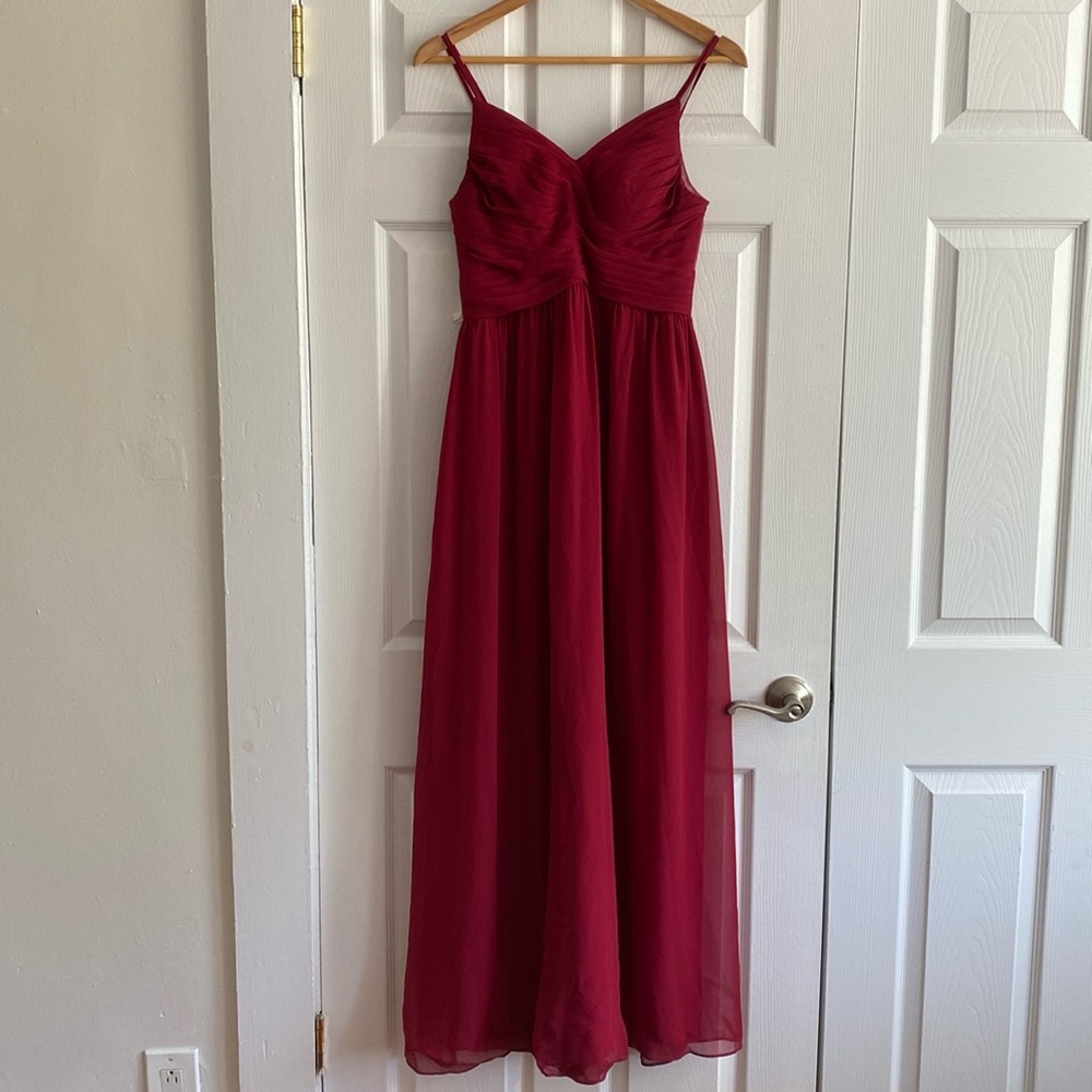Azazie scarlet, v-neck, long dress with spaghetti straps